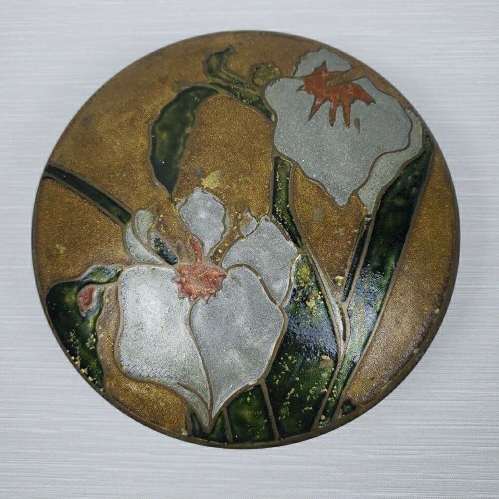 Brass Trinket Box Tin White Lilly Enamel Hollywood Art Nouveau Round